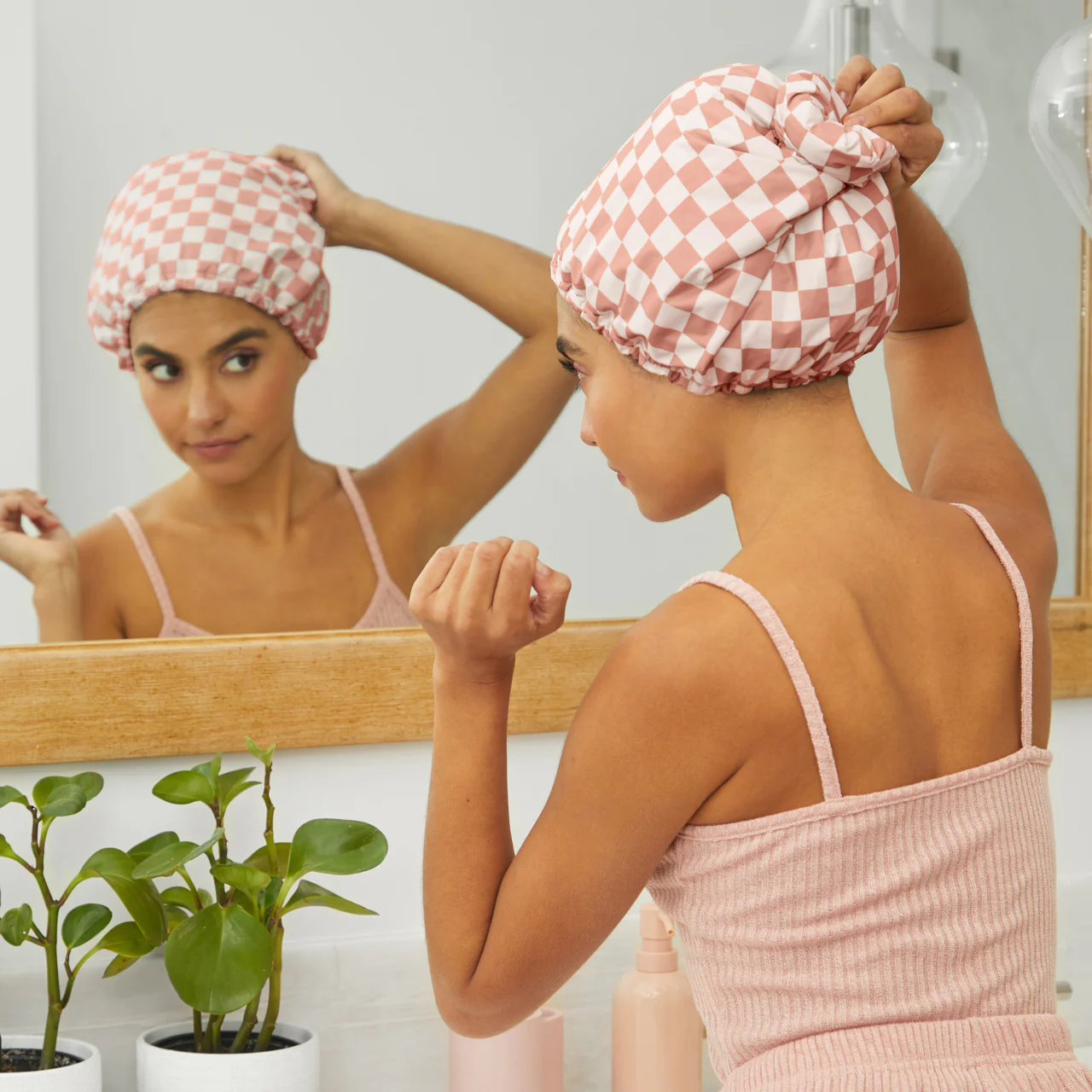 Terracotta Checker Satin Shower Cap - Image 5